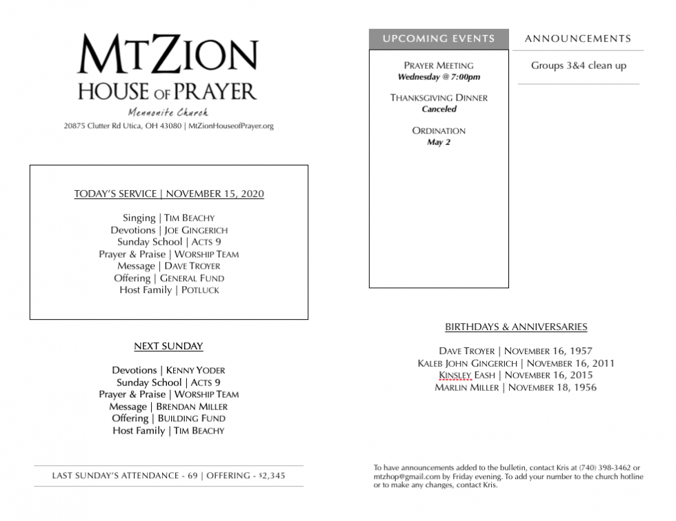 Mt Zion Bulletin 11152020 Mt Zion House of Prayer